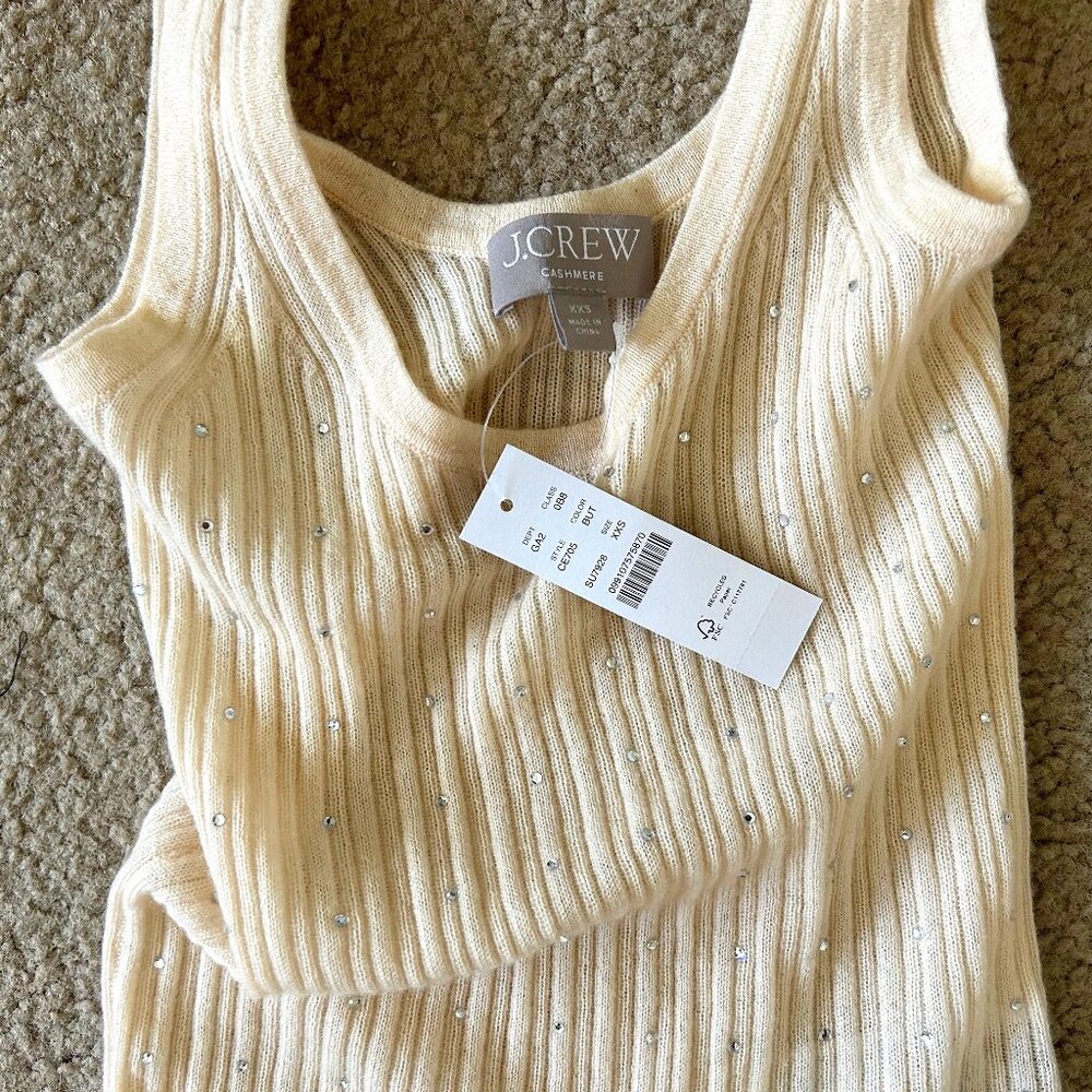 J Crew Featherweight Cashmere Rhinestone Tank Nude Buttercream Holiday XXS 0 - Picture 2 of 3